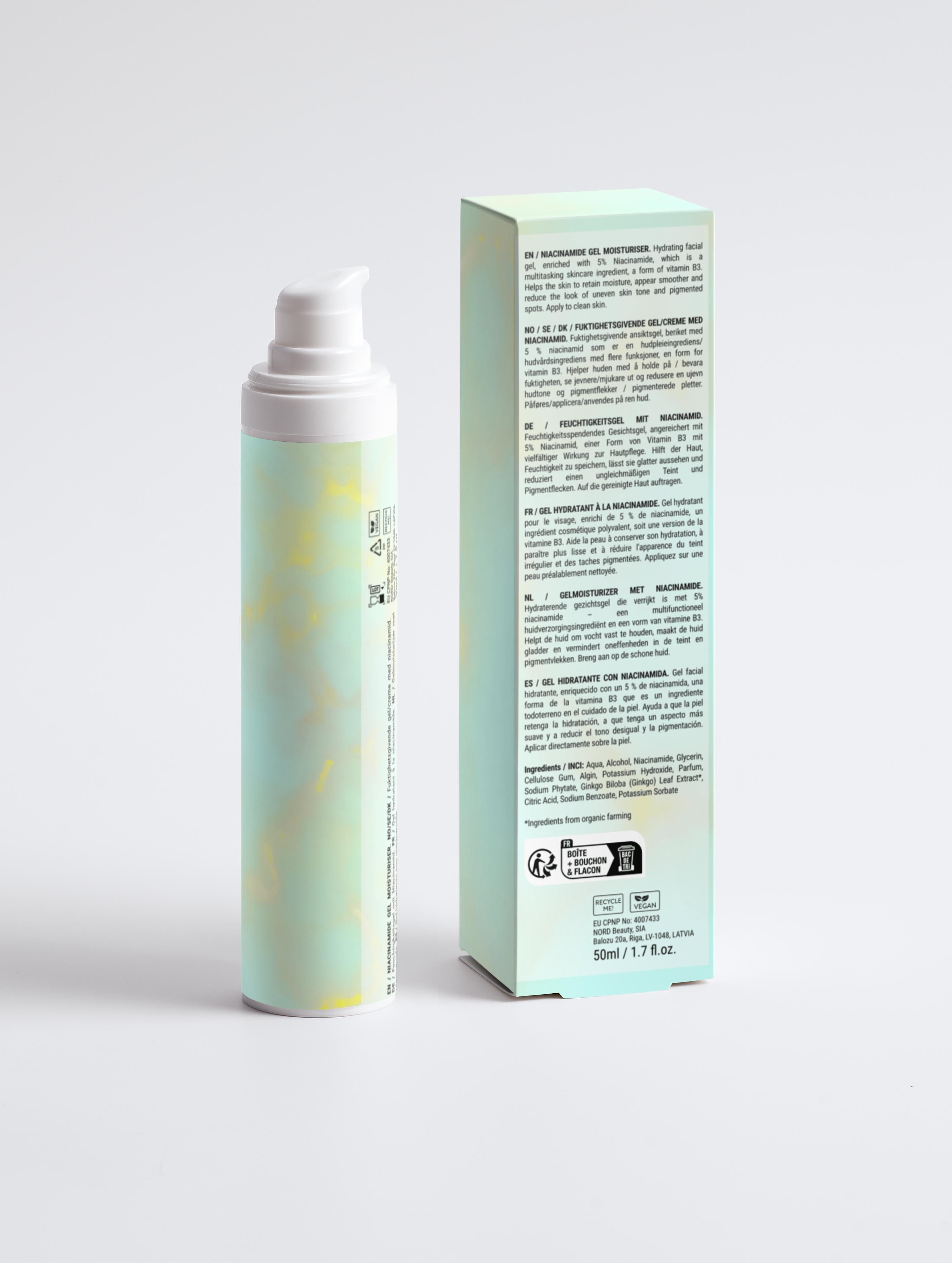 Eclat Soin Niacinamide Gel Face Moisturiser in a sleek pump bottle with pastel packaging for hydration